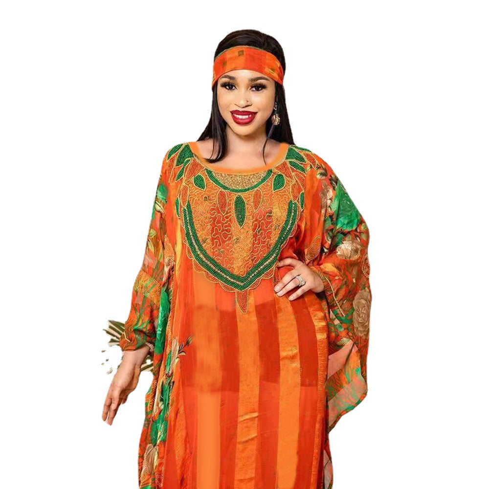 African Large Swing Chiffon Large Robe Hot Drilling Digital Printing With Inner Skirt