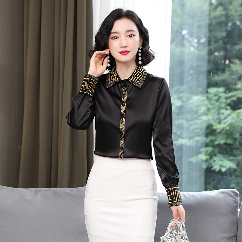 Women's Long-sleeve Satin Silk Top With Embroidered Shirt