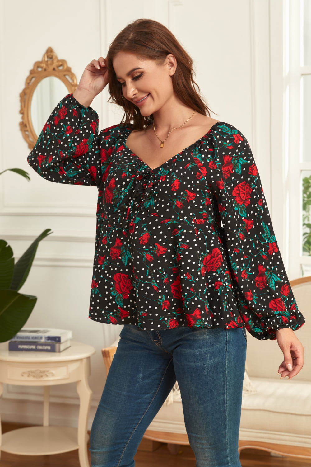 Melo Apparel Blouse florale à manches ballon grande taille