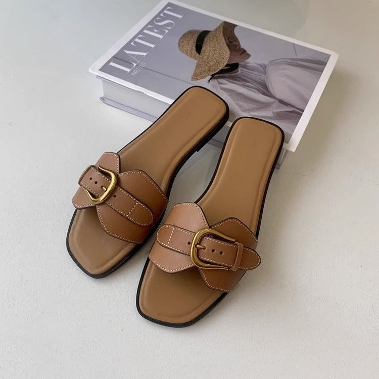 Zapatillas planas francesas para mujer, ropa de verano, sandalias con hebilla retro, zapatos casuales para vacaciones y playa