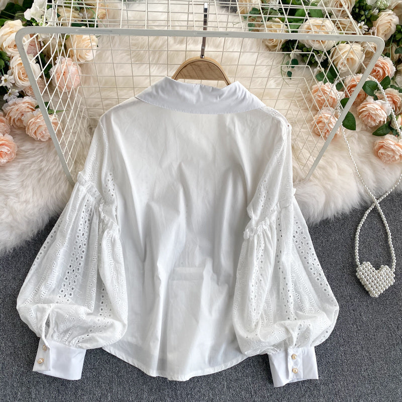 Embroidered Bubble Sleeve Shirt With Cut-out Ear - Ear Edge