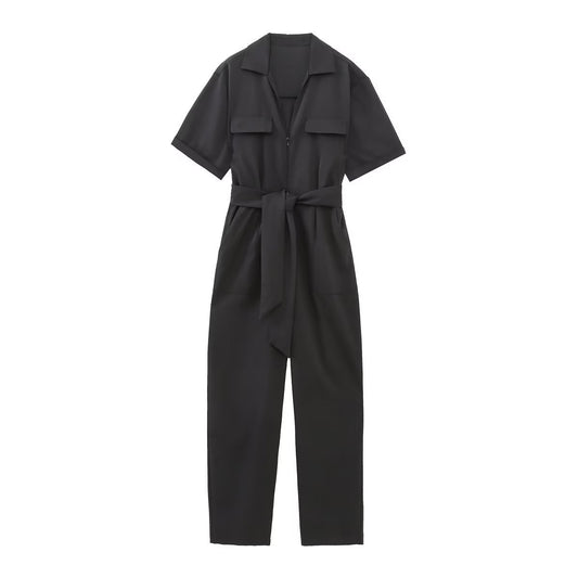 Spring New Women's Clothing With Belt Zipper And Lapel Short-sleeved Jumpsuit