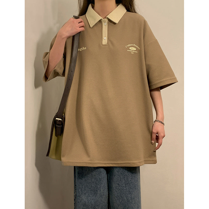 Vintage Polo Shirt Short Sleeve Loose For Women