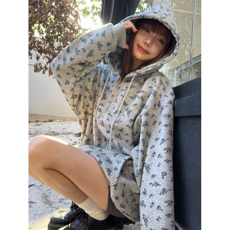 Autumn Retro Loose Hooded Fleece-lined Floral Sweater Coat