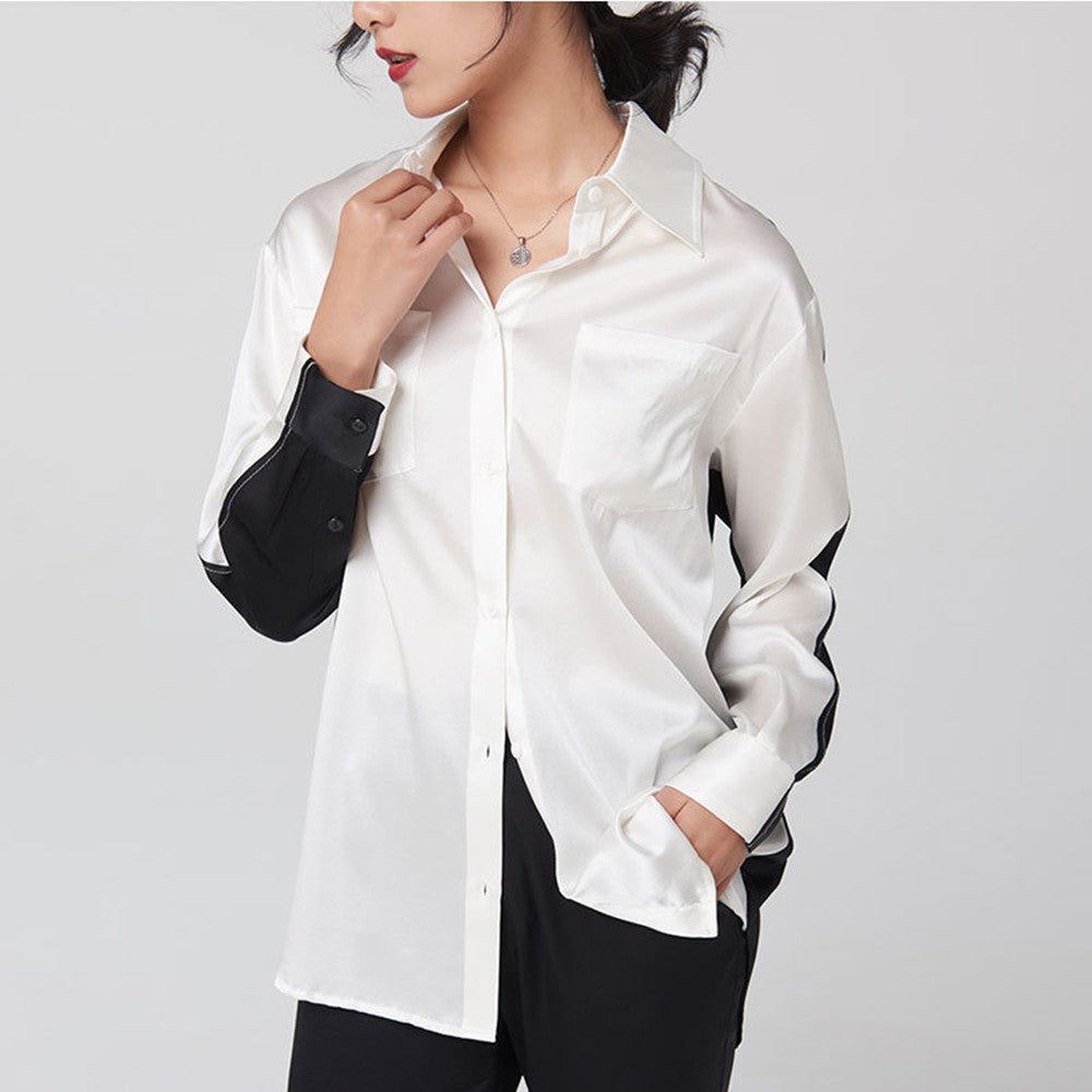 Silk Long Sleeve Shirt Women's Patchwork