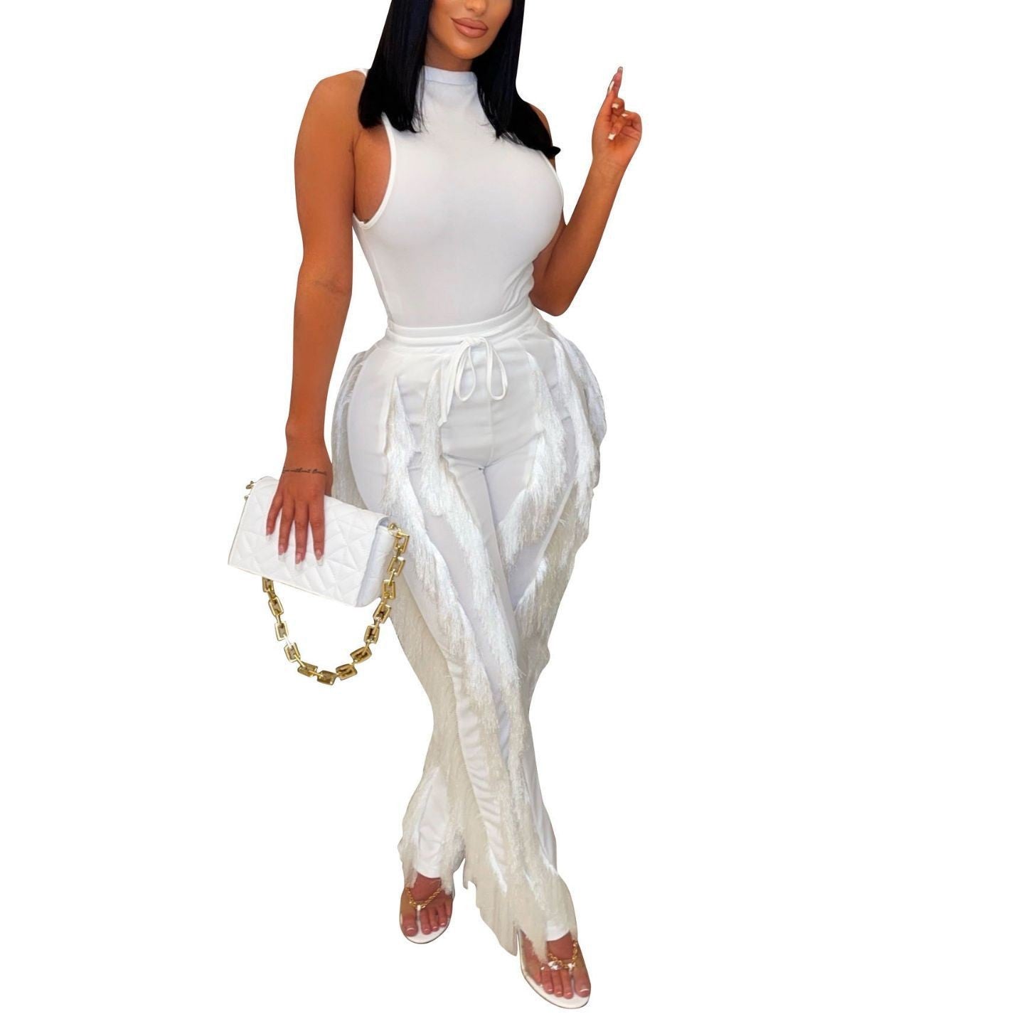 Women's Two-piece Set Tassel Lace Sleeveless Casual Trousers Suit