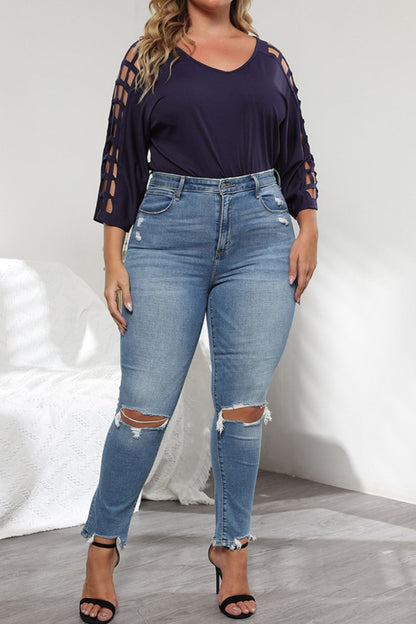 Blouse Découpée à Manches Trois-Quarts de Grande Taille