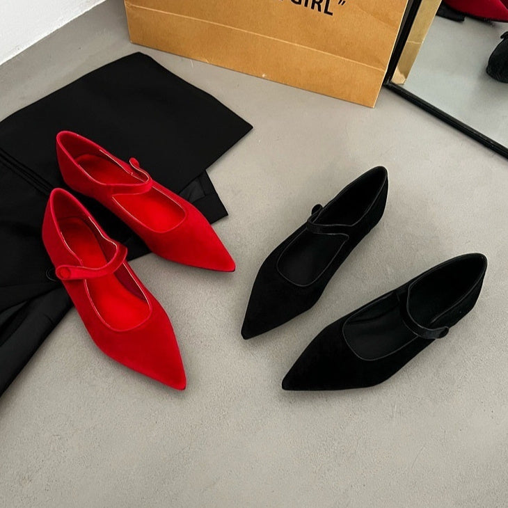 Women's French-style Pointed Buckle Velvet Flat Shoes