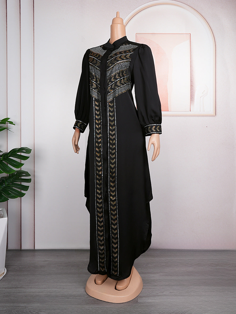 Women's Black Rhinestone Robe African Beaded Cardigan Plus Size Dress