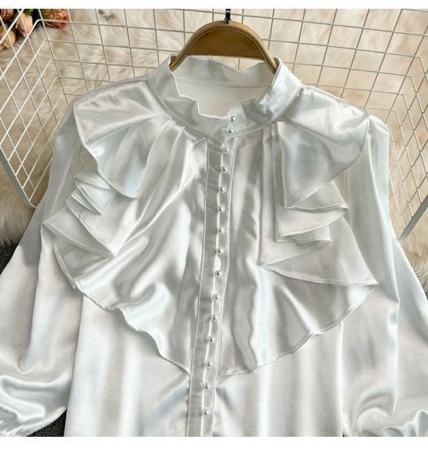 Bell Sleeve Stand Collar Acetate Satin Shirt French Style Design Loose Top For Women