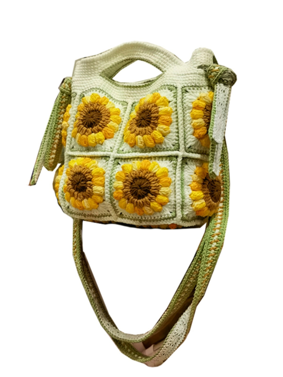 Bolso bandolera de lana de ganchillo para mujer, de doble uso, tejido a mano con girasoles