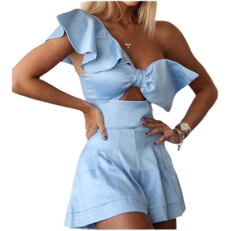 One-shoulder Bow Ruffled One-piece Shorts