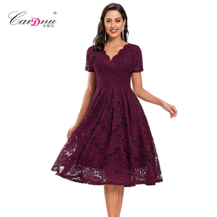 V-neck Mid-length Lace Swing Dress