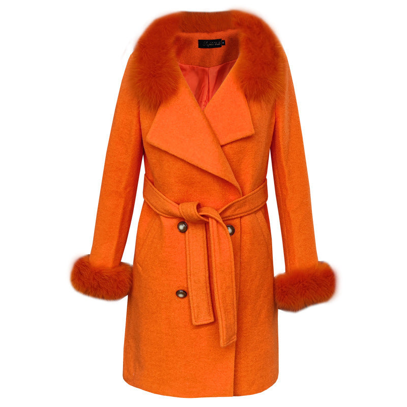 Big Fur Collar Warm Mid-length With Belt Coat