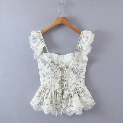 Fashion Ins French Style Comely Ruffled Keel Slim Strap Top