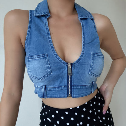 Top sin mangas con cremallera y bolsillo desgastado vintage con cuello en V profundo