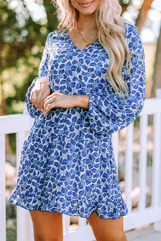 Vestido tipo túnica floral con mangas farol y cuello en V azul cielo azul/azul/albaricoque