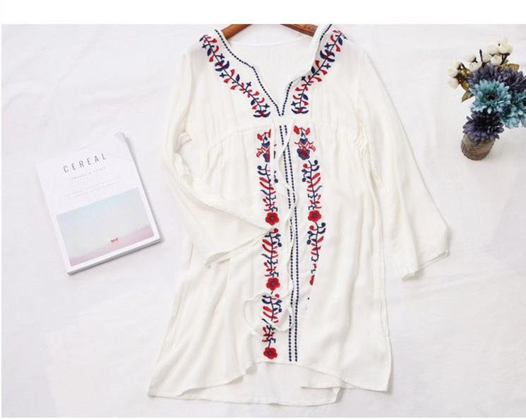 White Embroidered Long Sleeve Beachwear Cover Up Boho Dress