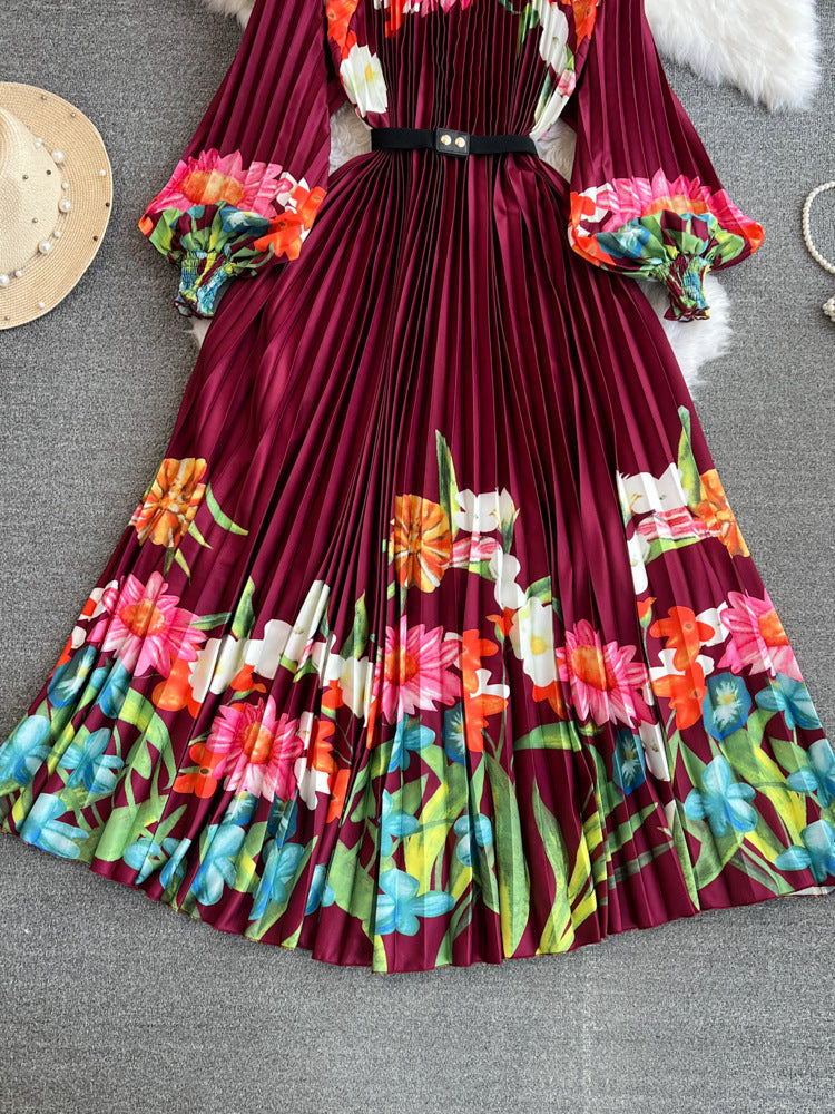 Printed Waist-controlled Lace-up Lady Dress