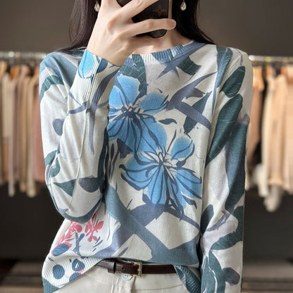 Round Neck Printed Silk Worsted Wool Sweater Pullover