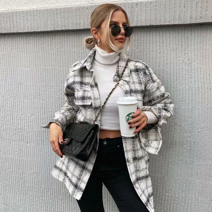 Plaid lapel jacket loose casual mid-length