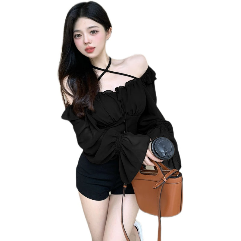 One Line Neck Long Sleeved Ruffled Chiffon Shirt