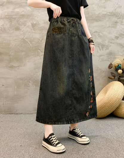 Spring Chinese Style Small Flower Embroidery High-waisted Skirt