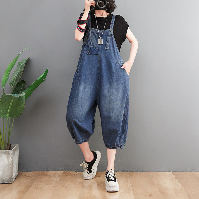 Women's New Style Denim Overalls Loose Retro Slim Stripes