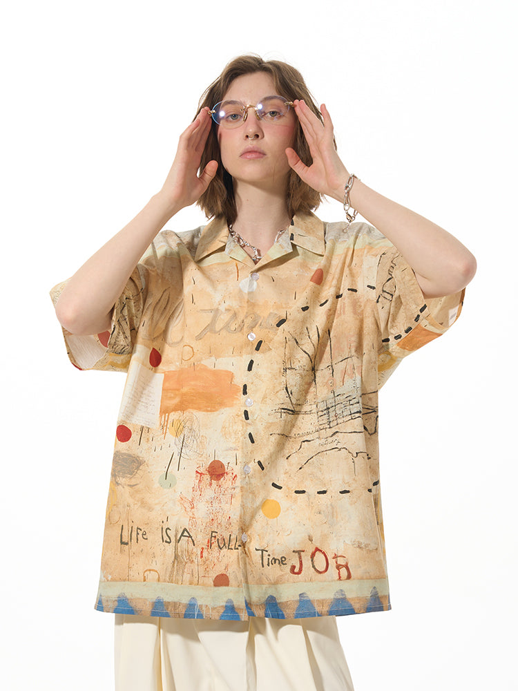 Chemise décontractée à manches courtes en pin graffiti ample