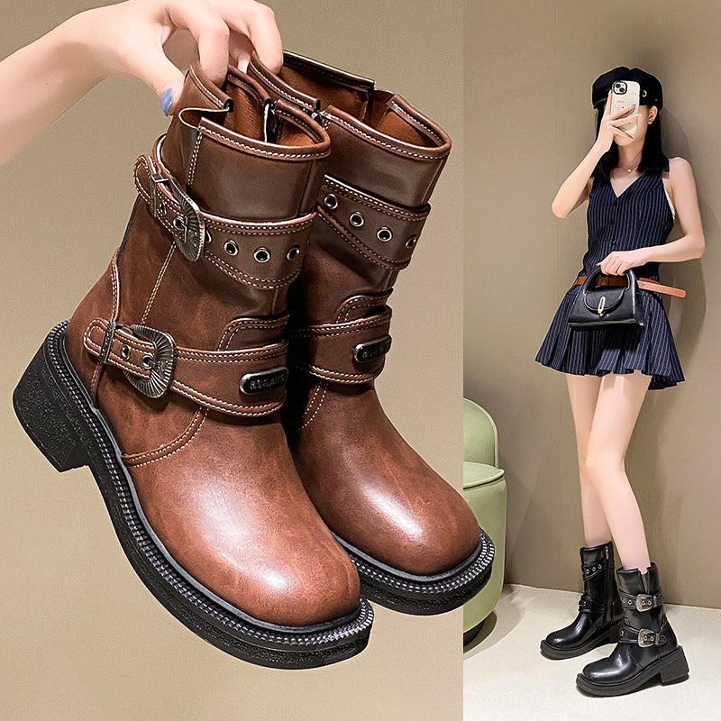 Brown Women's Ankle Boots Retro Square Toe