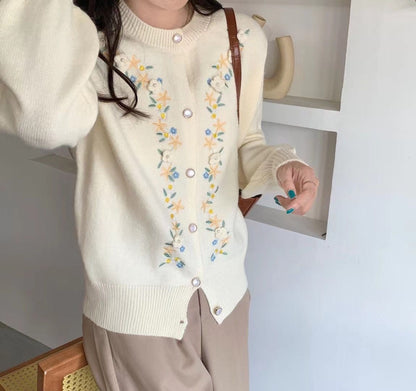 Cardigan tricoté à fleurs tridimensionnelles brodées, manteau pull pour femmes