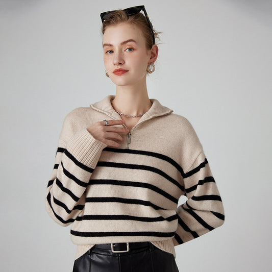 Women's Thick Black And White Striped Zipper Turtleneck Cashmere Sweater