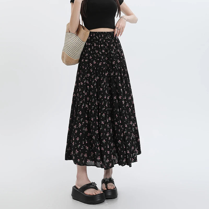 Chiffon Floral Long Dress High Waist Umbrella Skirt A- Line Skirt