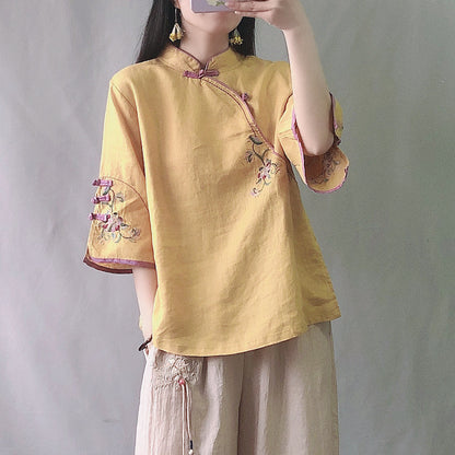 Retro Buckle Cotton And Linen Embroidery Chinese Blouse Women