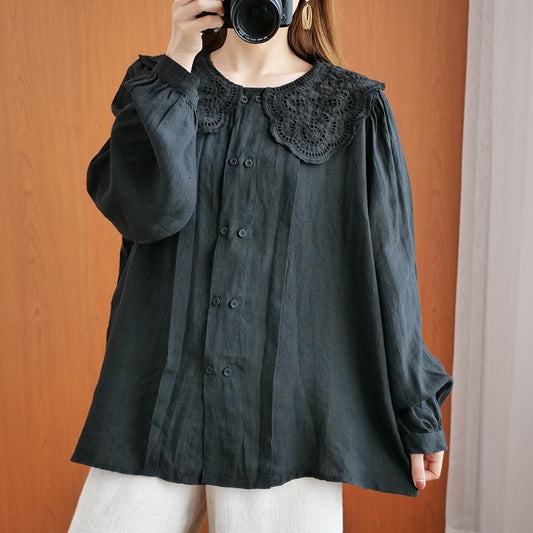 Lace Doll Collar Double Breasted Loose Long Sleeve Shirt