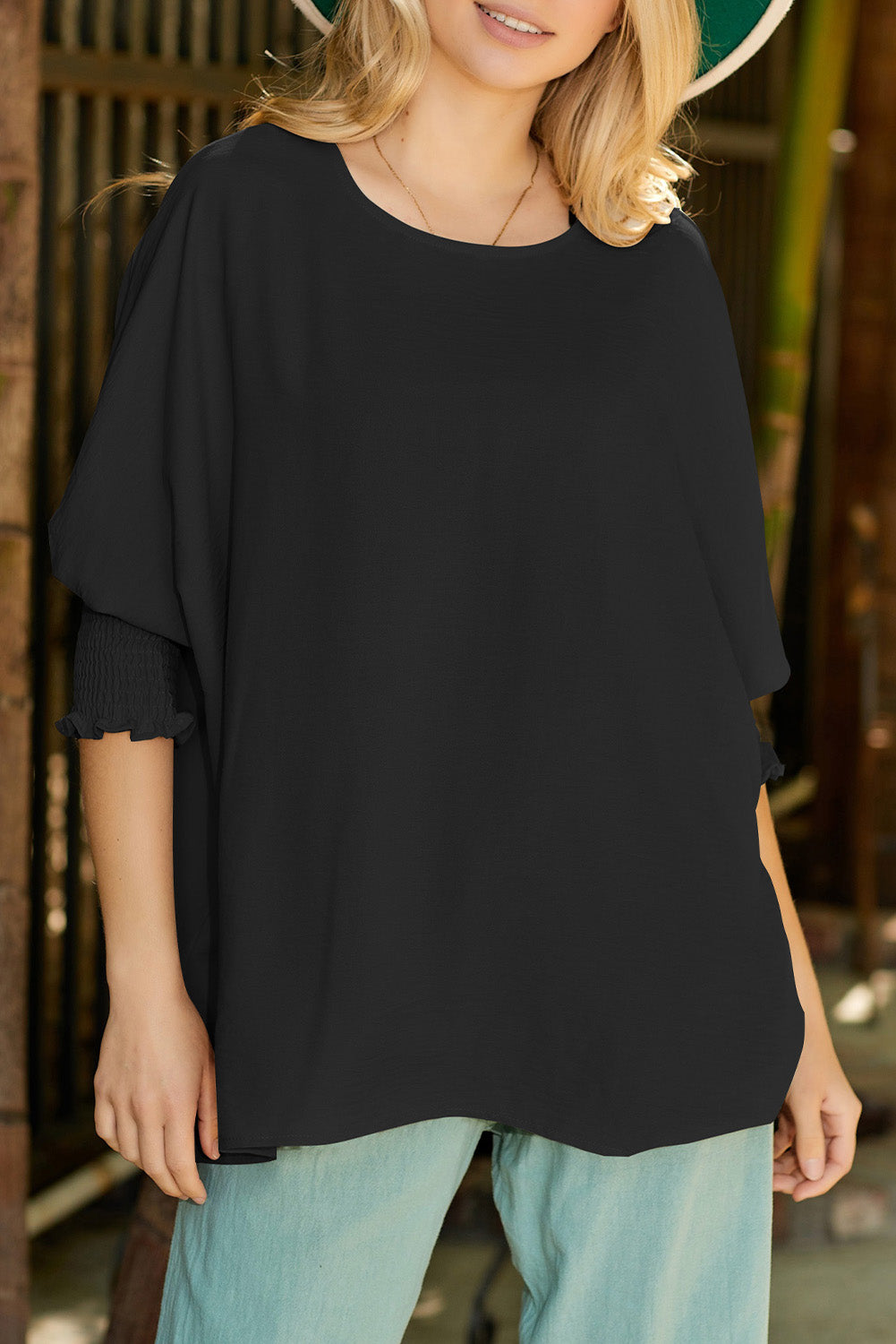 Black Plain Batwing Sleeve Business Casual Blouse for Women