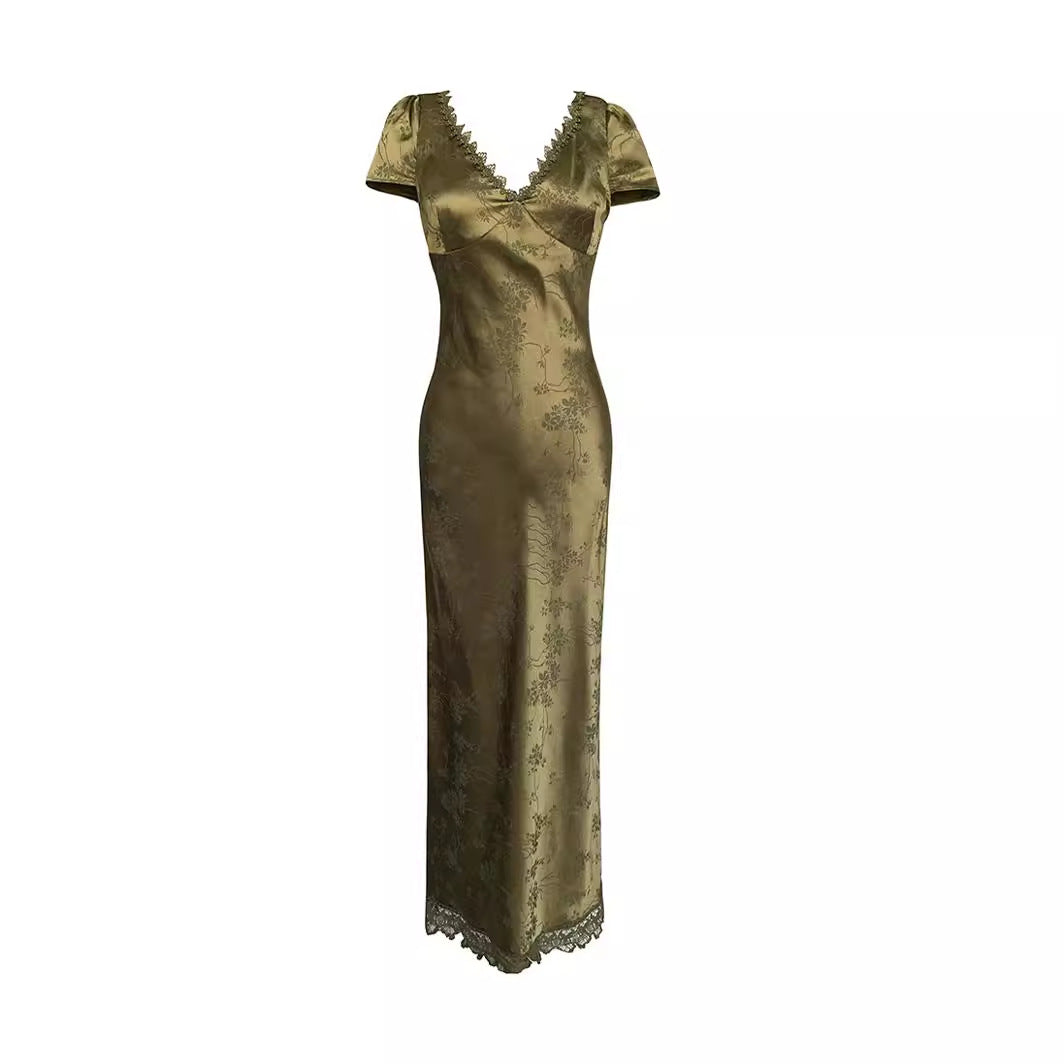 Robe en satin dos nu à col en V pour femme, menthe verte