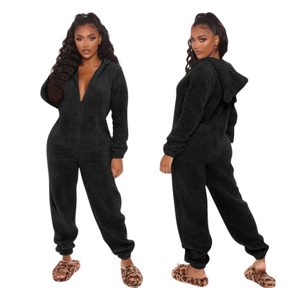 Pure Color Plush Hooded Long-sleeved Warm Home Jumpsuit With Ears