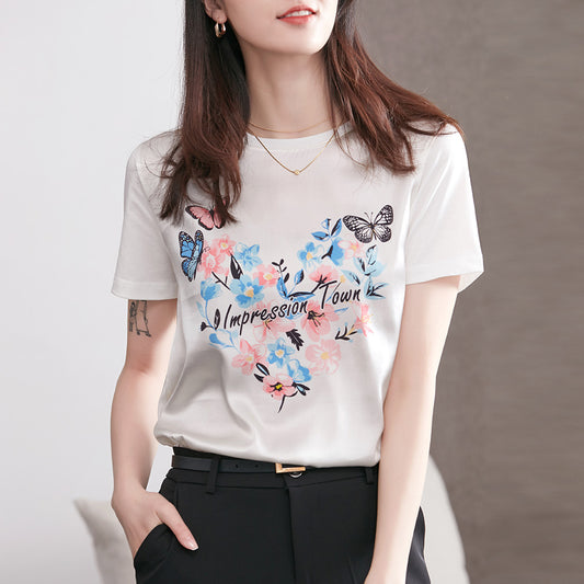 T-shirt en soie pour femmes, manches courtes, impression papillon amour, coutures en satin épais