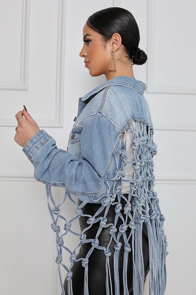 Women's Back Mesh Fringed Denim Jacket