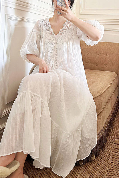 Women's Morning Gowns Spring And Autumn Cotton Long-sleeved Lace Pajamas Dress