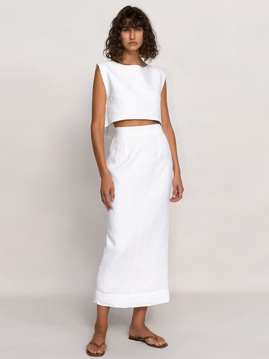 Cotton Sleeveless Top Straight Skirt White Suit