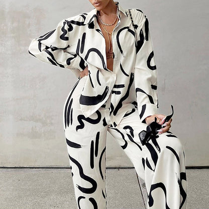 Black And White Printed Long-sleeved Shirt High Waist Wide-leg Pants Two-piece Set