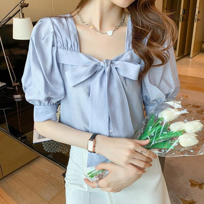 Loose Tie Shirt Short Sleeve Bow Top