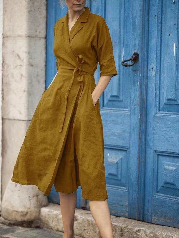 Cotton And Linen Half Sleeve Lace-up Turn-down Collar Large Swing Dress