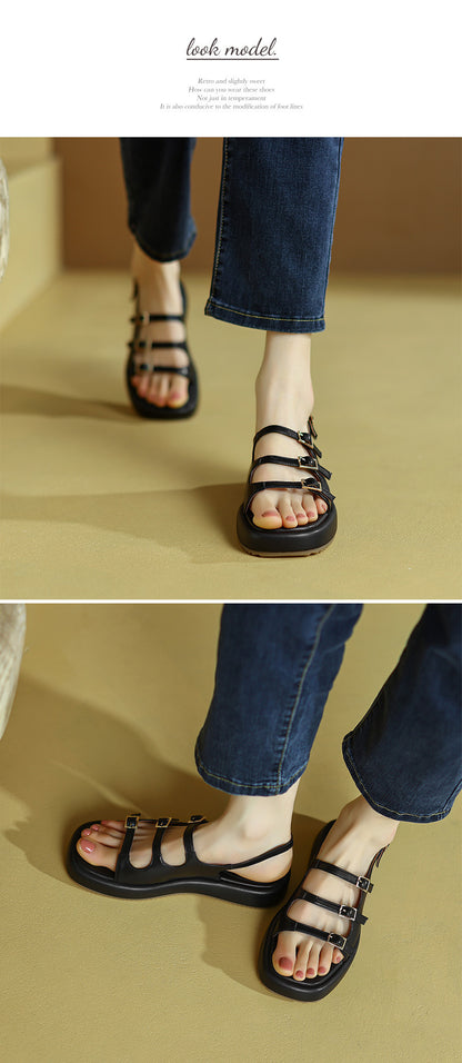 Women's Retro Roman Sandals With With Platform Belt Buckle