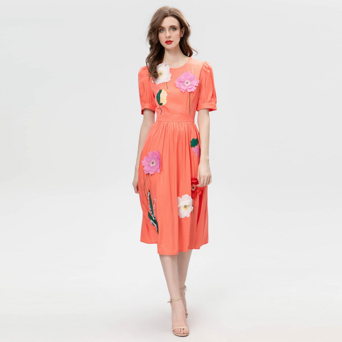 Three-dimensional Stickers Flower Waist-tight Round Neck Short Sleeve Dress