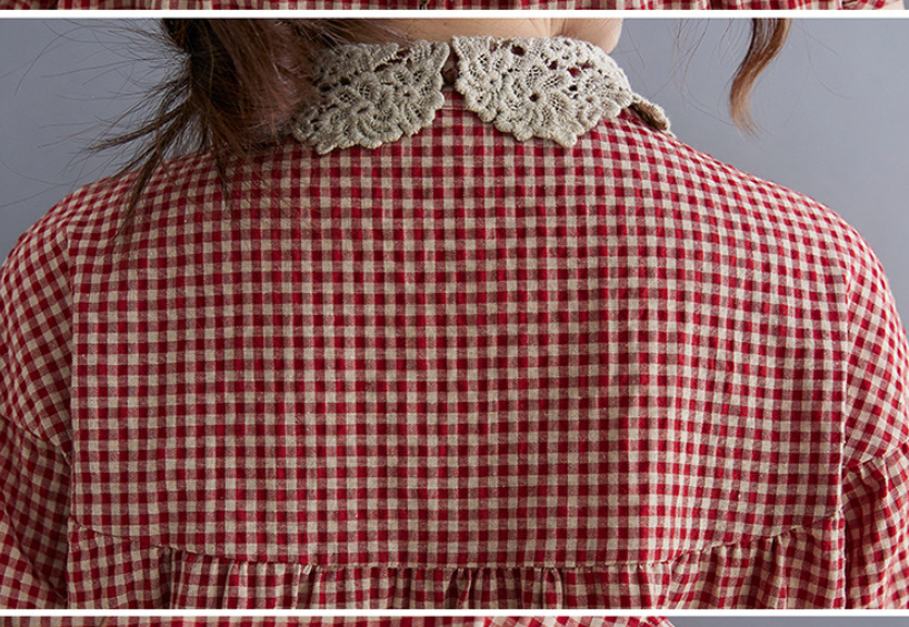 Chemise à carreaux en coton et lin à revers en dentelle pour femme manches courtes