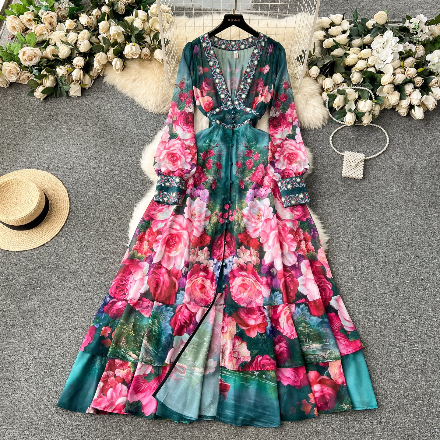 Niche Ruffled Long Version Advanced Sense V-neck Dress