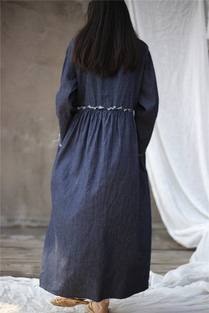 Spring Denim Blue High Waist Pleated Loose Burrs Dress